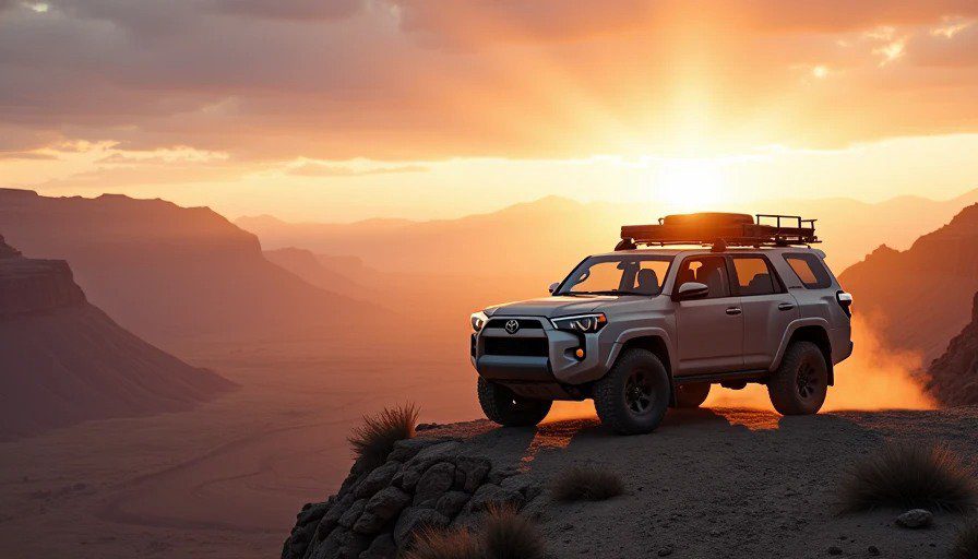 Dusty 4Runner parked on Henry Mountains ridgeline at sunrise – golden light, desert below in shadow – last mountain range mapped Realistic dramatic photo of an overland vehicle parked on a ridgeline in the Henry Mountains at sunrise. The vehicle is covered in dust, with the desert floor still in shadow below. The sky is golden and pink, with long shadows stretching across the landscape.