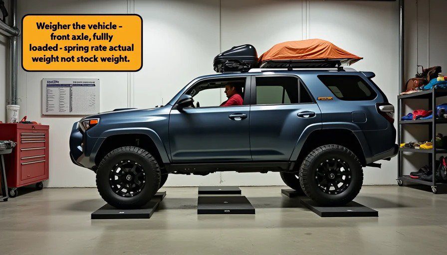 Realistic photo of a garage or workshop. A midsize SUV is on four automotive scales – one under each wheel. A driver is in the seat, and the vehicle is fully loaded with gear, a roof rack, and a rooftop tent. 