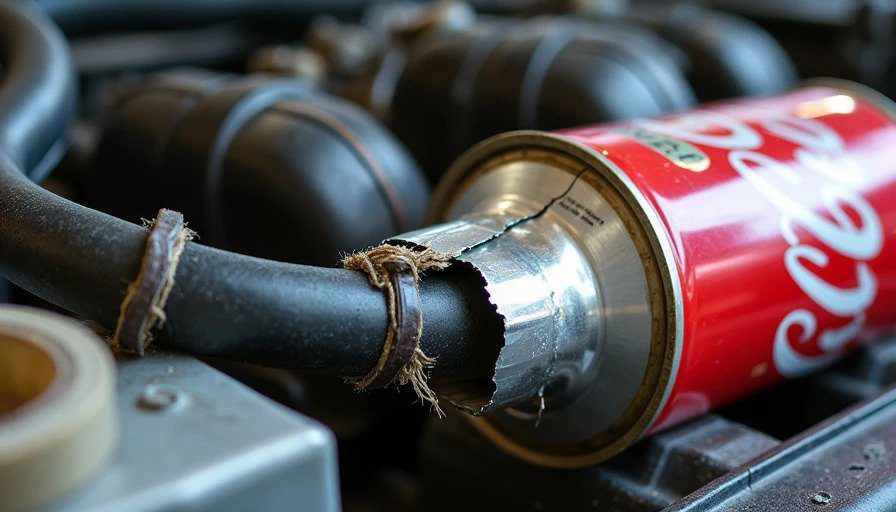 Macro close‑up of engine bay with cracked vacuum line wrapped in Coca‑Cola can aluminum, zip ties, and electrical tape