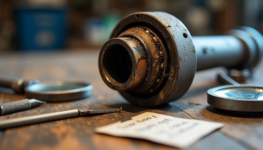 Macro close‑up of disassembled CV axle with heat‑scored bearing race and burnt grease – Mojave Road failure tag nearby Realistic macro close‑up of a disassembled CV axle on a workbench. The inner bearing race is heat‑scored – discolored metal, wear marks, burnt grease. A tag reads “Mojave Road – June 2024 – 105°F – sand – high load – wrong part for the conditions.” Calipers and a magnifying glass sit nearby.