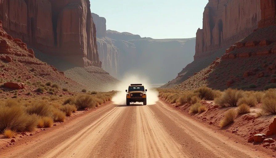 Dusty dirt road with red sandstone cliffs of Waterpocket Fold to the west – Notom Road washboarding – air down to 18 psi Realistic photo of a dusty dirt road stretching alongside the Waterpocket Fold. The red sandstone cliffs of Capitol Reef rise dramatically to the west. The road is dry with visible washboarding.