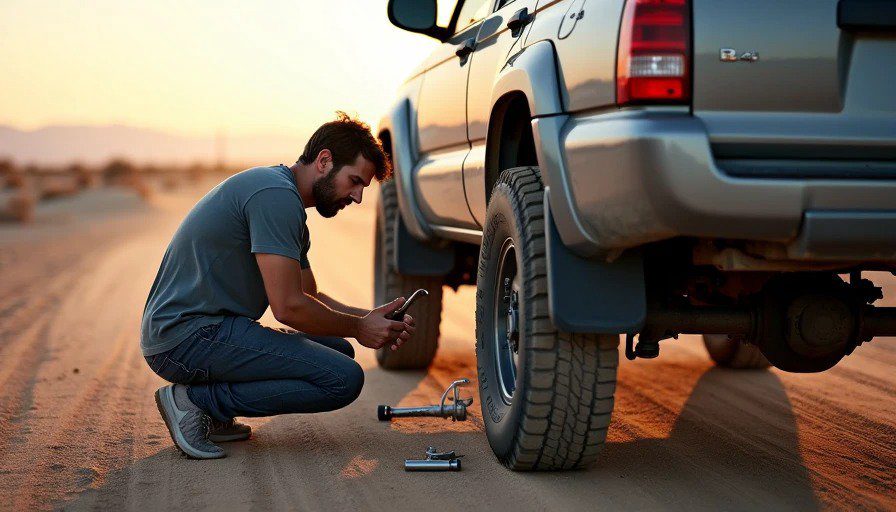 4Runner jacked up on desert trail, person pulling CV axle – boot split, grease on exhaust – 40 miles from pavement