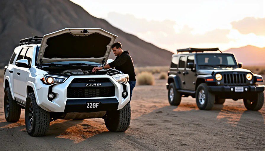 4Runner at black volcanic cinder cone with hood open, man checking transmission dipstick – temp hit 225°F Realistic photo of a 4Runner and a Jeep parked at the base of a black volcanic cinder cone in the Mojave. The 4Runner's hood is open, heat shimmer rises from the engine bay. A man checks a transmission dipstick with a rag.