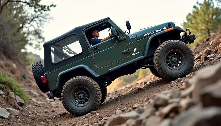 Vehicle on rocky climb with one rear tire lifted and spinning, other tire stationary – open diff failure Realistic trail photo. A vehicle is on a rocky climb with one rear tire lifted off the ground, spinning freely. The other rear tire sits on a rock, stationary, not moving.