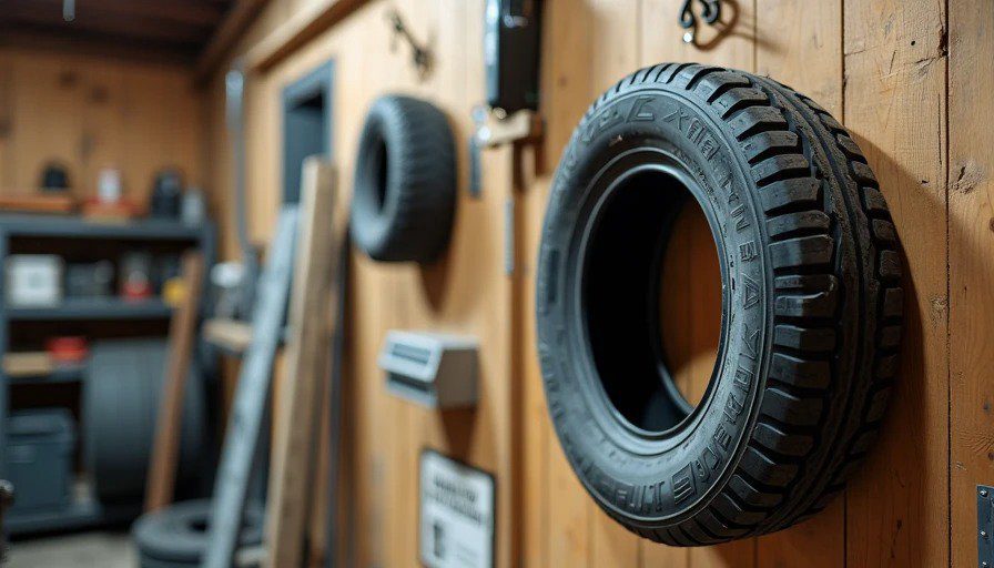 KO2 tire on workshop wall with heat delamination – tread separating from sidewall – tag reads 12 PSI at 30 mph