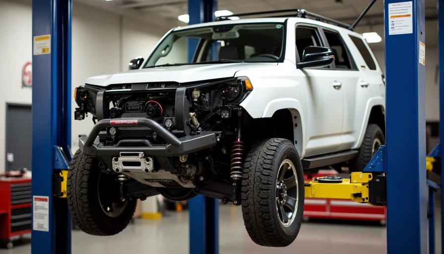 Garage with 4Runner body lifted off frame using two-post lift – exposed chassis, cracked mounts, body mounts, reinforcements