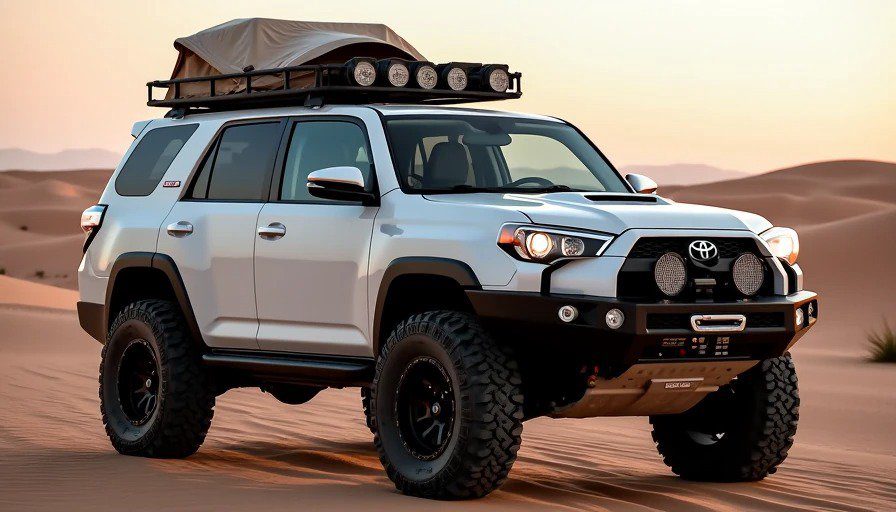Fully built 2016 4Runner Trail in desert with 2.5″ lift, 33s, armor, RTT, swing-out bumper – finally sorted Realistic aspirational photo of a fully built 2016 4Runner Trail in the desert. The vehicle has a 2.5-inch lift, 33-inch KO2s, front and rear armor, roof rack with RTT, and a swing-out rear bumper with spare tire and jerry cans.