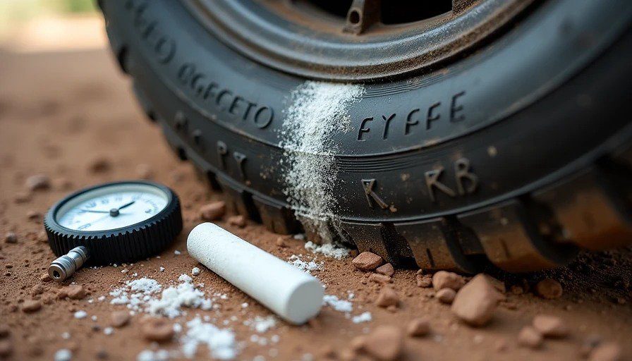 Close‑up of tire with chalk line across tread – even wear = correct pressure – gauge and chalk on ground