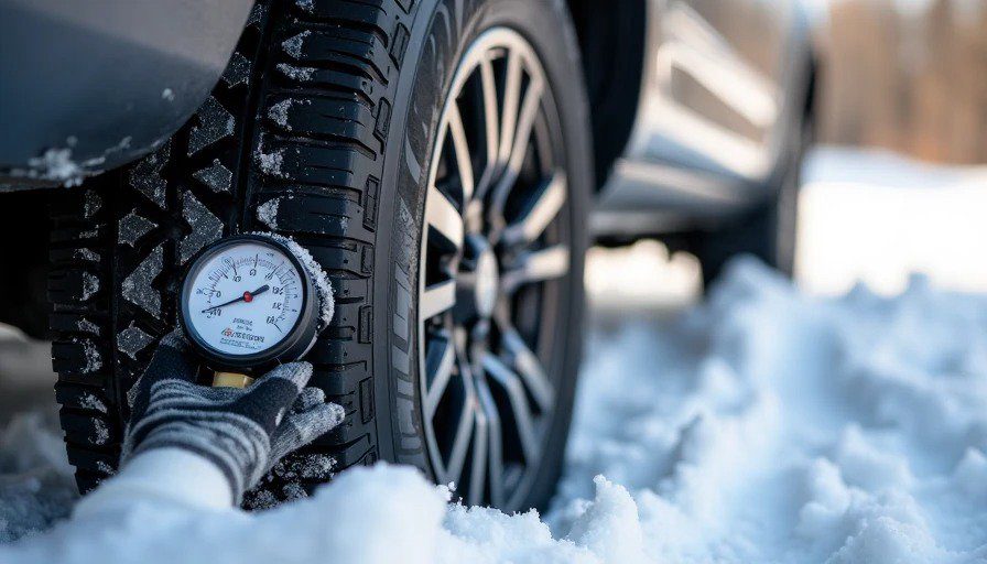 Close‑up of 4Runner tire in deep snow, tire gauge reading 12 PSI – aired down for traction in 18 inches