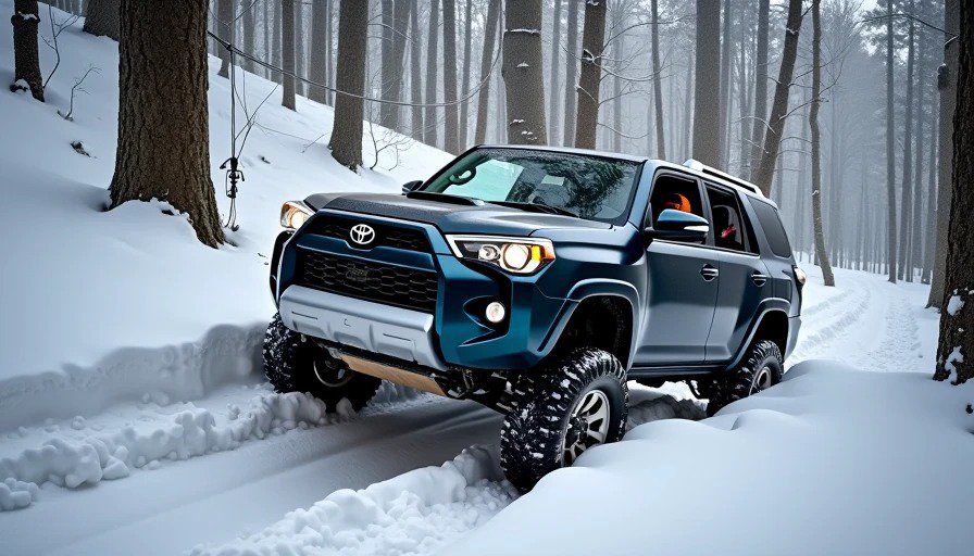 Snowy forest scene with 4Runner stuck, winch line through snatch block on tree 150 feet away – 2‑hour recovery