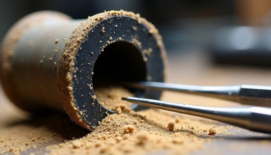 Macro close‑up of disassembled bushing showing fine sand grains packed in gap between rubber and inner sleeve