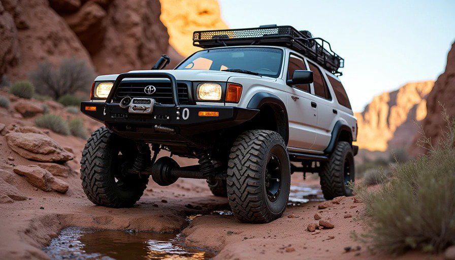 4Runner on White Rim Trail, driver inspecting front axle, gear oil puddle – front diff grenaded – re-gear lesson Realistic dramatic photo of a 4Runner on the White Rim Trail in Canyonlands. The vehicle is stopped on a rocky section, with the driver inspecting the front axle. A puddle of gear oil is visible under the front diff.