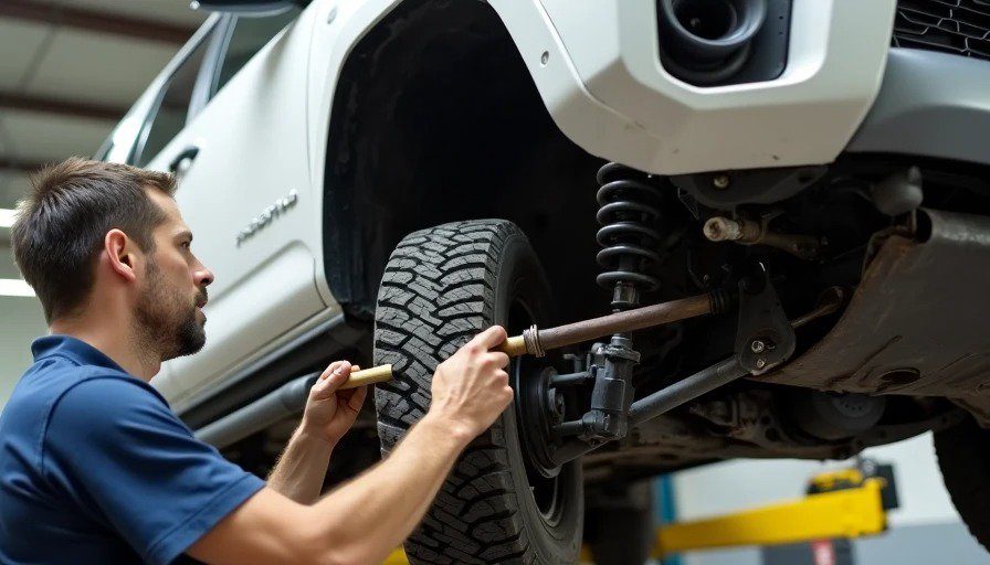Mechanic using pry bar between frame and control arm to check bushing movement – alignment drift is often bushings