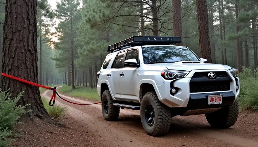 Recovery setup on forest road – tree strap around pine tree, snatch block, winch line from front under chassis to rear recovery point ealistic photo of a recovery setup on a forest road. A tree strap is wrapped around a large pine tree about 50 feet behind the 4Runner. A snatch block is attached to the tree strap with a shackle. The winch line runs from the front of the truck, under the chassis, through the snatch block, and back to the rear recovery point.