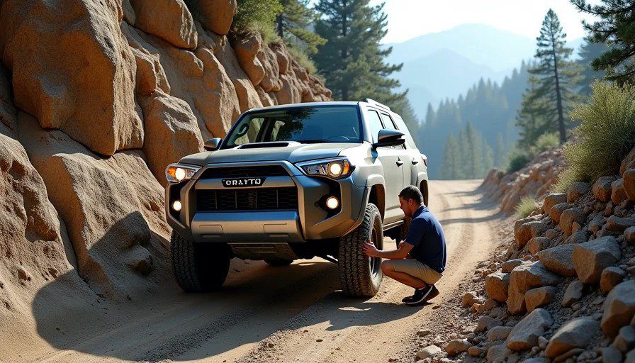 4Runner high‑centered on boulder on mountain road – rear axle on rock, front wheels off ground – 4:30 p.m., 35°F