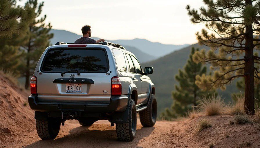 Stock 2003 4Runner parked on dirt road in Coconino Forest – driver on tailgate, looking at valley – first solo trip