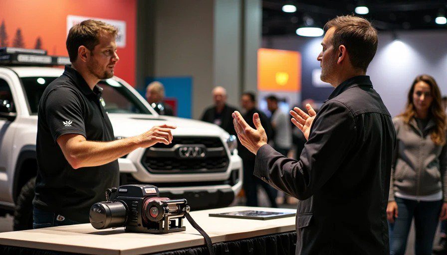 Expo vendor booth with salesperson pushing $2,000 winch to hesitant Tacoma owner – author stepping in to correct