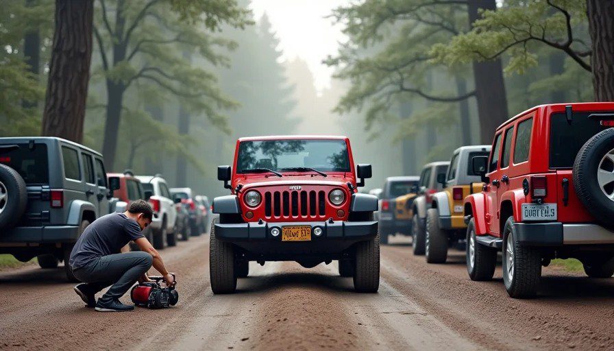 Jeep parked in middle of trailhead entrance, driver airing down – multiple vehicles waiting behind – move to the side