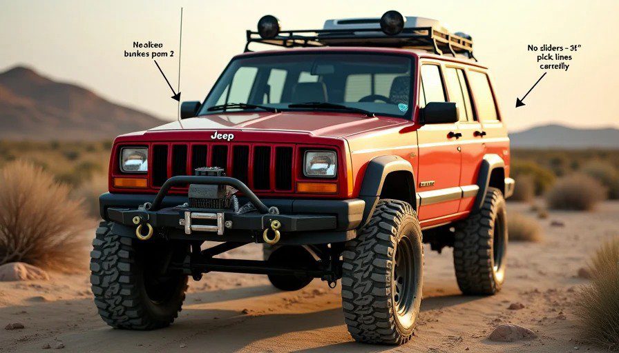 Faded red XJ from three‑quarter view – stock bumper, no winch, no sliders – 3‑inch lift and 31s – minimal, functional