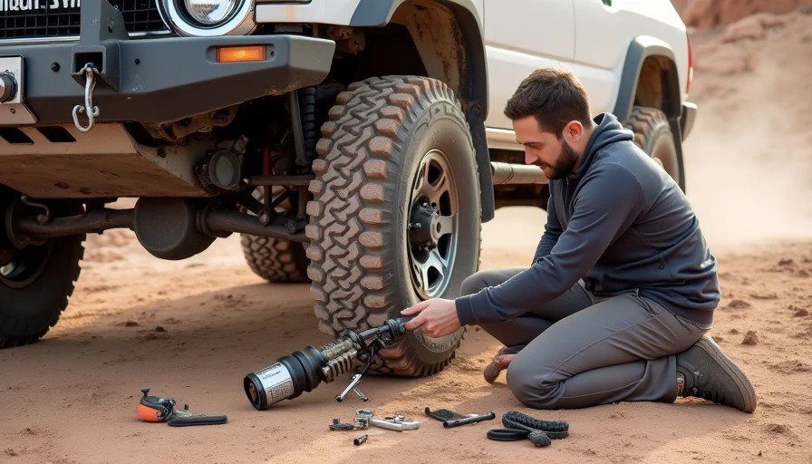4Runner jacked up on dirt trail, person kneeling with broken CV axle – first year out, fixing his own parts