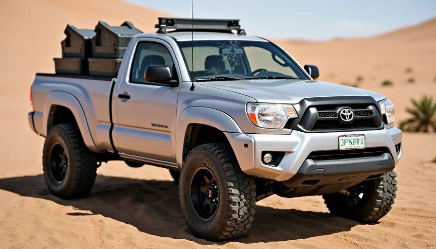 Silver 2014 Tacoma Access Cab in desert – 2″ lift, 33s, scratches, cracked windshield – simple and proven