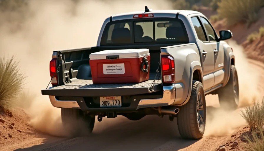 Truck on washboard road with unsecured cooler sliding toward tailgate – 40‑lb missile risk – strap it down Realistic action photo of a truck on a washboard dirt road. In the bed, a cooler is bouncing and sliding toward the tailgate, unsecured with no straps. Dust is flying, and the truck is bouncing.