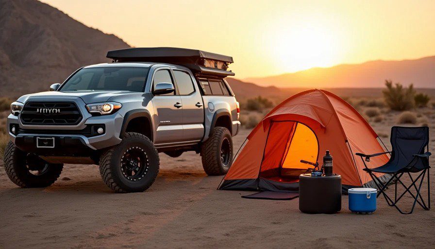 Desert campsite with ground tent, plastic bins, cooler, small stove – no RTT, no awning – simple and effective